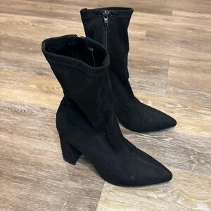 Express Suede Black Heeled Chunky Boots-Whimsy-Goth, Winter Outings
